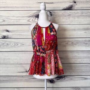 Rachel Zoe Multicolored Patchwork Floral Paisley  Peplum Cutout Halter Top
